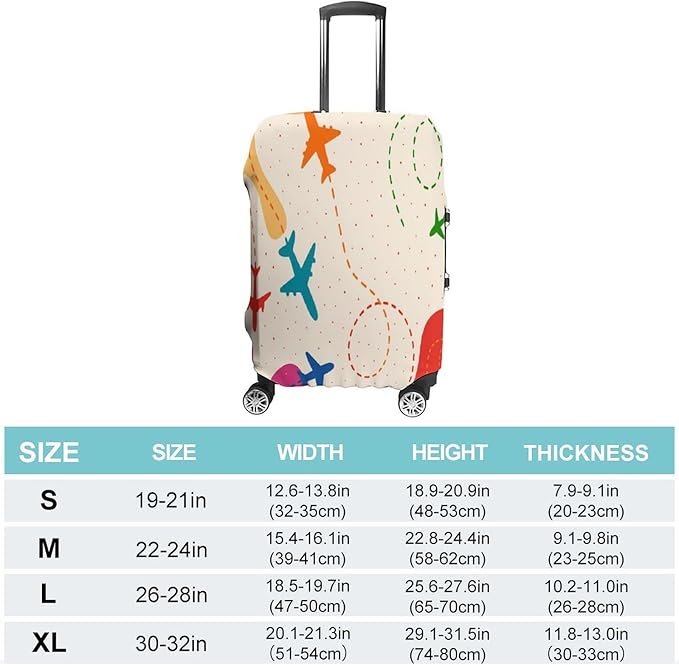 Colorful Airplane Stretch Luggage Cover, Washable Suitcase Protector Fits 26-28in Cases, Secure Fit for Carry On Checked Bags, Travel Essentials