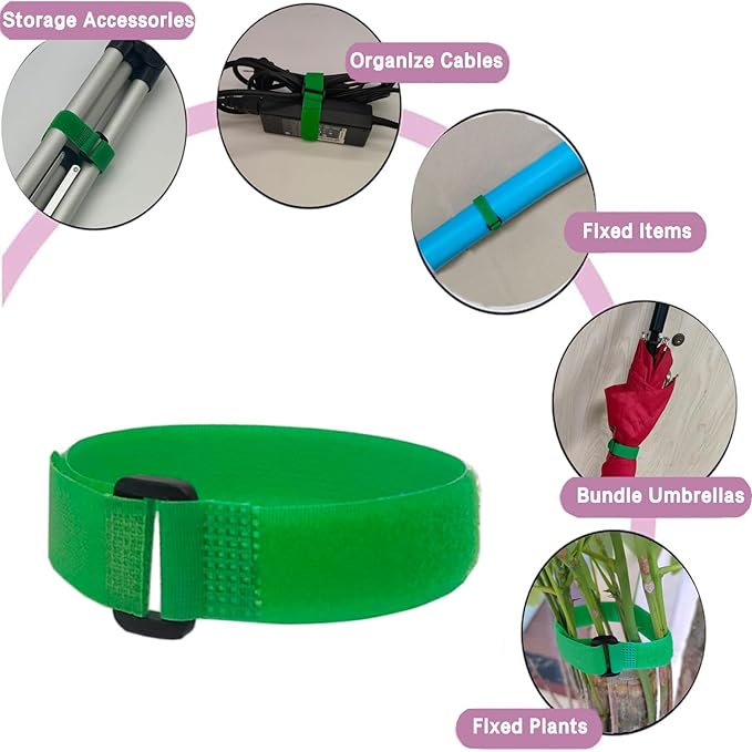 10 Pack (12 x 0.8 Inch) Reusable Fastening Cable Ties and Cable Straps Green Color Adjustable Multi-Purpose Hook and Loop Straps Nylon Cable Ties Organizer Fastener Management Wire Straps