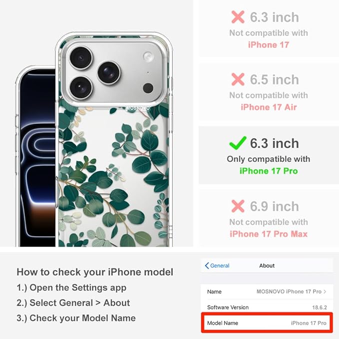 MOSNOVO for iPhone 17 Pro Case | Military Grade 6.6ft Drop Tested | Camera Control | Clear with Eucalyptus Design