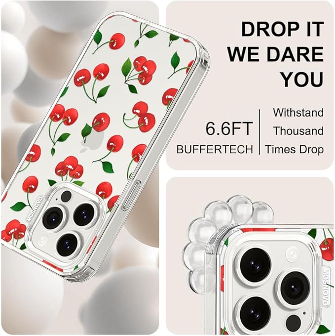 MOSNOVO Case for iPhone 15 Pro, [Buffertech 6.6ft Military-Grade Drop Protection] [Anti Peel Off Tech] Clear TPU Bumper Phone Case Cover Design - Cute Cherry