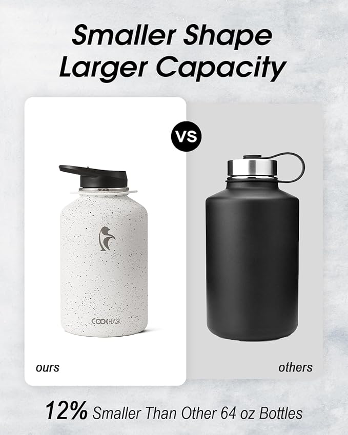 Coolflask Half Gallon Water Bottle with Strap, 64oz Insulated Water Jug Stainless Steel with Straw & Spout Lids, Metal Large Water Flask, Keep Cold 48h Hot 24h, Leak Proof, Non-BPA, Arctic White