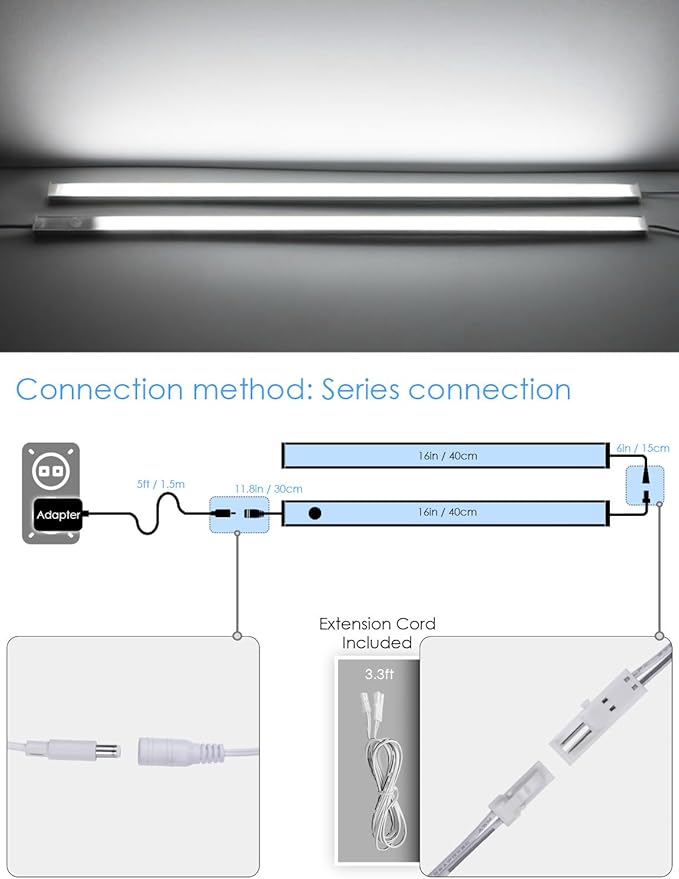 Under Cabinet Motion Sensor Lighting Indoor Plug in, 16" 12V LED Under Counter Lights Super Bright Ultra Thin Magnetic for Kitchen/Hallway/Toilet/Garage/Closet(Cold White/6000K, 2 Pack)