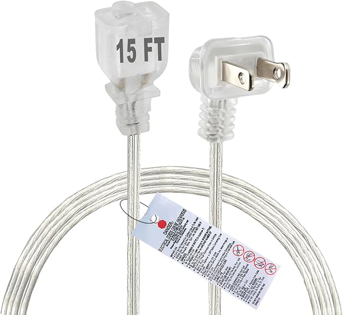 Clear Extension Cord 15 FT, Indoo/Outdoor 2 Prong Extension Cord with Flat Plug, Invisible Slim Extension Cable for Christmas Lights, Lamps & Holiday Lighting (18AWG, 10A/125V)