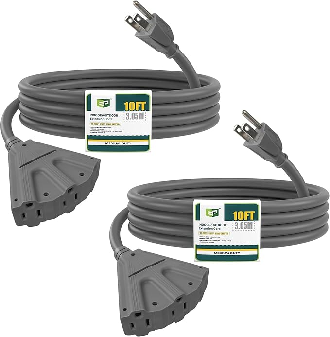 EP 2 Pack 10 Ft Outdoor Extension Cord with 3 Electrical Power Outlets - 16/3 SJTW Grey Cable with 3 Prong Grounded Plug for Safety Great for Christmas Lights, Garden and Major Appliances
