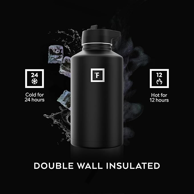 IRON °FLASK Camping & Hiking Hydration Flask with Straw, Wide Mouth Insulated Stainless Steel Sports Water Bottle - 64 oz Dark Night