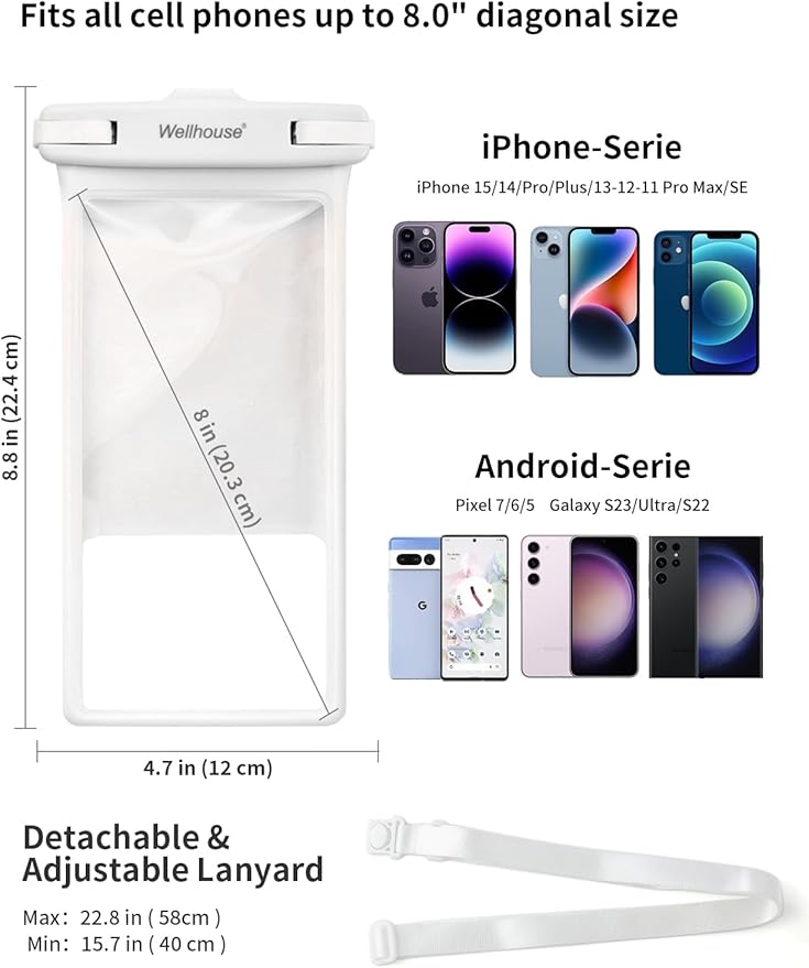 wellhouse Waterproof Phone Pouch, Waterproof Phone Case for iPhone 17 16 15 14 13 Pro Max XS Samsung, IPX8 3D Cellphone Dry Bag Beach Essentials (1 Pack - White8.0, 8 inch)
