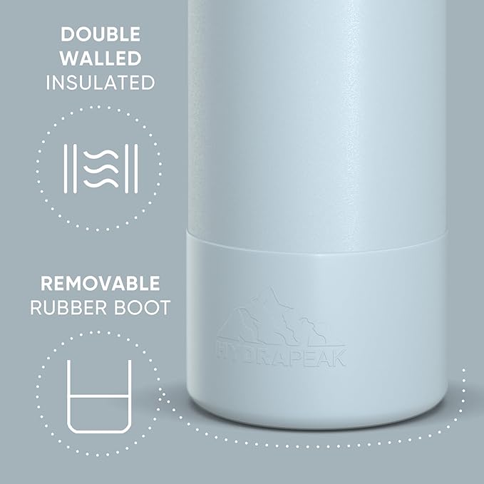 Hydrapeak 40oz Sport Insulated Water Bottle with Straw & Chug Lid, Leak & Spill Proof, Keeps Drinks Cold for 24 Hours, Hot for 12 Hours, Premium Stainless Steel Water Bottles (40oz, Ice Blue)