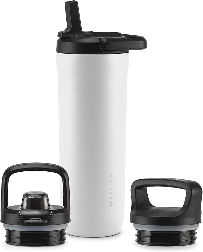 ZULU Base 18oz Kids Stainless Steel Water Bottle with 3 Lids- Straw, Chug, Twist | Double Walled and Vacuum Insulated Metal Thermos | Fits Car Cupholder, Built in Carry Loop, Dishwasher Safe, White
