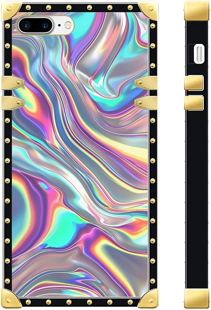 Compatible with iPhone 8 7 SE Case, Holographic Abstract Iridescent Textures Luxury Golden Decoration for Girl Women Soft TPU Shockproof Protective Hard PC Back for iPhone 8 7 SE