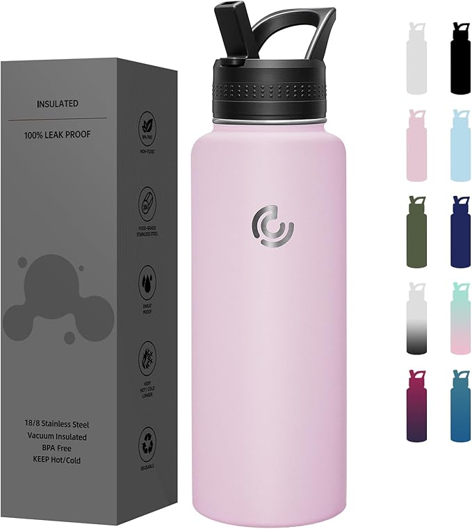 COKTIK 40oz Sports Water Bottle, Stainless Steel Water Bottle for Insulated, Reusable Travel Bottle, With Straw, With Handle Grip for Easy Carrying, Suitable for Cycling, Outdoor Vacations(Blush)