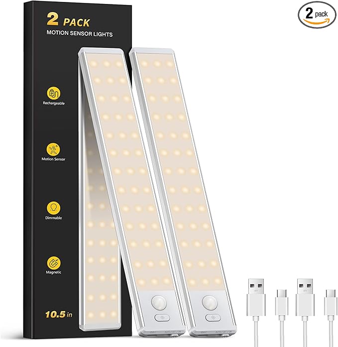 Under Cabinet Lighting - 10.5" Motion Sensor Light Indoor, Magnetic Wireless Closet Lights, Dimmable Led Night Light, Rechargeable Under Counter Lights for Kitchen, Bedroom, Stair, 2 Pack