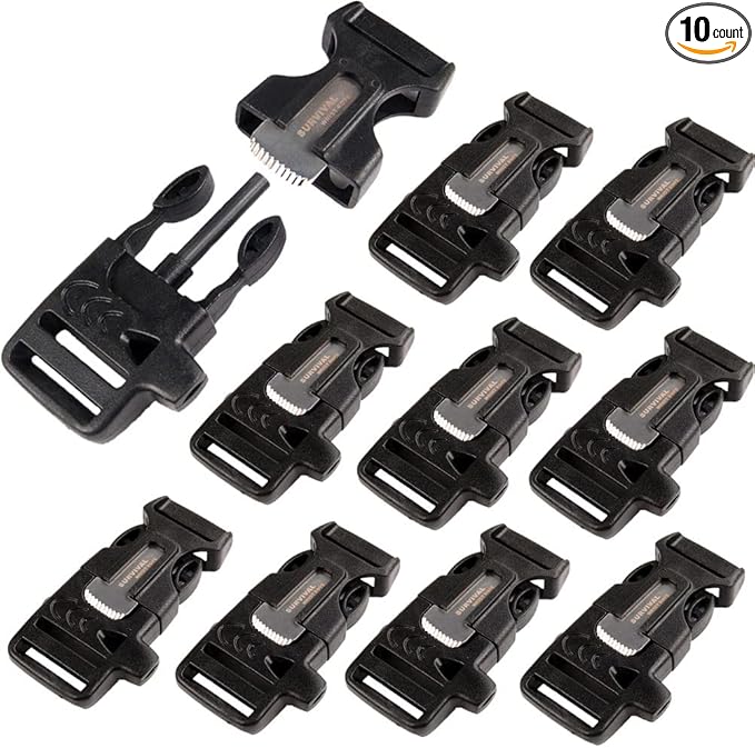 CooBigo 10Pack 3/4" (19mm) Fire Starter Survival Whistle Buckle Flint Scraper for Paracord Bracelet Key Lanyard Ourdoor Hiking Camping Backpack Bag Pets Collar DIY Travel Kits