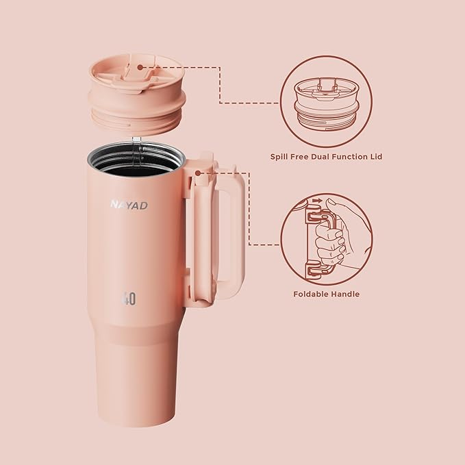 NAYAD 40oz Gift For Mom Tumbler with Handle and Straw Insulated Stainless Steel Travel Mug, Flip Lid & Straw Lid, Folding Handle, Cupholder Compatible, Leakproof Water Bottle for Travel (Pink)