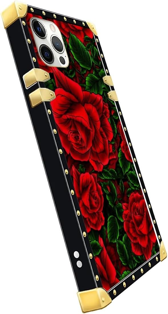 Compatible with iPhone 11 Pro Max Case, Vector Red Rose Green Leaf Luxury Golden Decoration for Girl Women Soft TPU Shockproof Protective Hard PC Back for iPhone 11 Pro Max