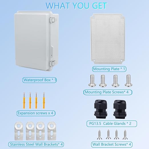IP67 Waterproof Junction Box with Inner Door, ABS Plastic Electrical Enclosure with Stainless Steel Latch, Hinged Cover Electric Box with Mounting Plate, Wall Brackets & Cable Glands 290x190x140