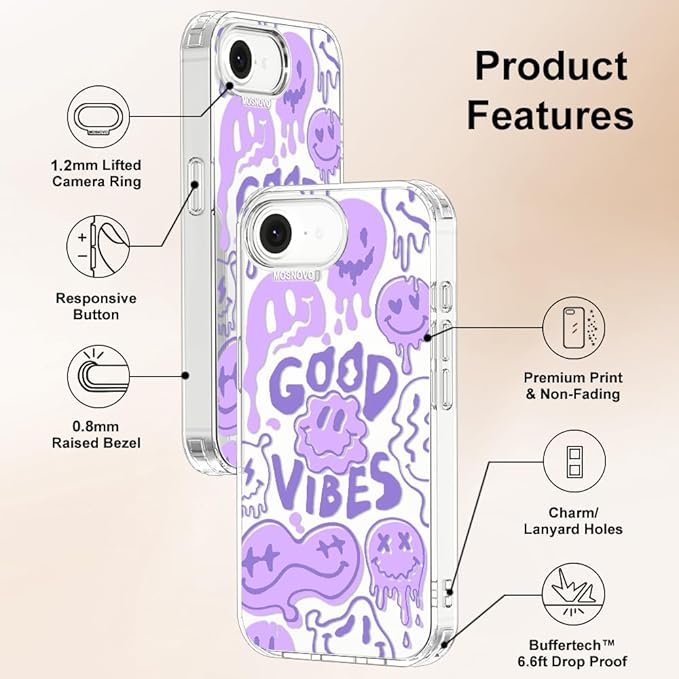 MOSNOVO for iPhone 17e Case/iPhone 16e Case, Shockproof Military-Grade Protection 6.6ft Drop Tested, Clear Phone Case for iPhone 16e / iPhone 17e, Good Vibes Design