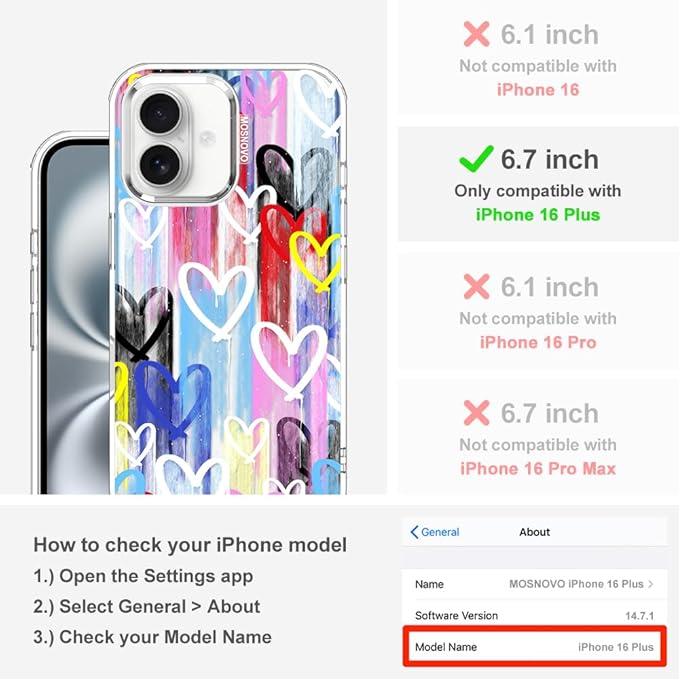 MOSNOVO for iPhone 16 Plus Case, Shockproof Military-Grade Protection 6.6ft Drop Tested, Clear Phone Case for iPhone 16 Plus, Graffiti Hearts Design