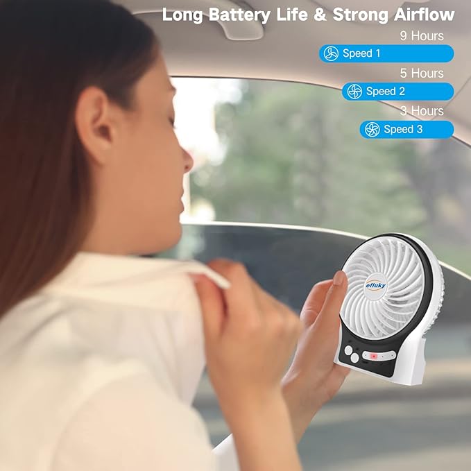 efluky 3-Speed Mini Desk Fan with LED Light, Portable USB Fan Quiet for Home, Office, Travel, Camping, Outdoor, Indoor, 4.9-Inch, White