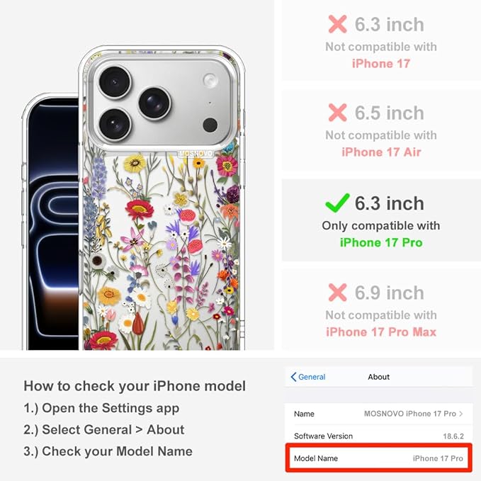 MOSNOVO for iPhone 17 Pro Case | Military Grade 6.6ft Drop Tested | Camera Control | Clear with Wildflower Meadow Design