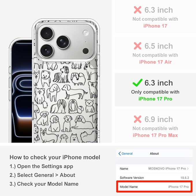 MOSNOVO for iPhone 17 Pro Case | Military Grade 6.6ft Drop Tested | Camera Control | Clear with Doodle Dog Design