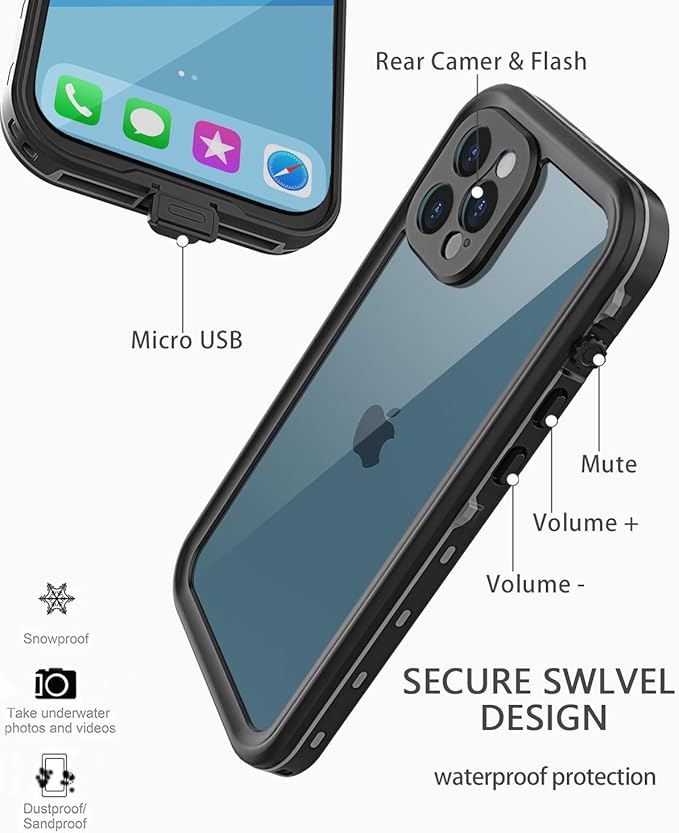 for iPhone 12 Pro Max Case Waterproof | Shockproof Dust Proof Phone Case Cover with Screen Protector Black-Clear