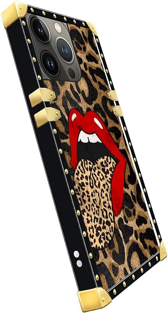 Compatible with iPhone 14 Pro Max Case, Brown Leopard Print Mouth Luxury Golden Decoration for Girl Women Soft TPU Shockproof Protective Hard PC Back for iPhone 14 Pro Max
