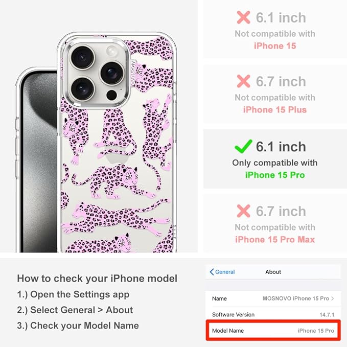 MOSNOVO Case for iPhone 15 Pro, [Buffertech 6.6ft Military-Grade Drop Protection] [Anti Peel Off Tech] Clear TPU Bumper Phone Case Cover Design - Pink Leopard
