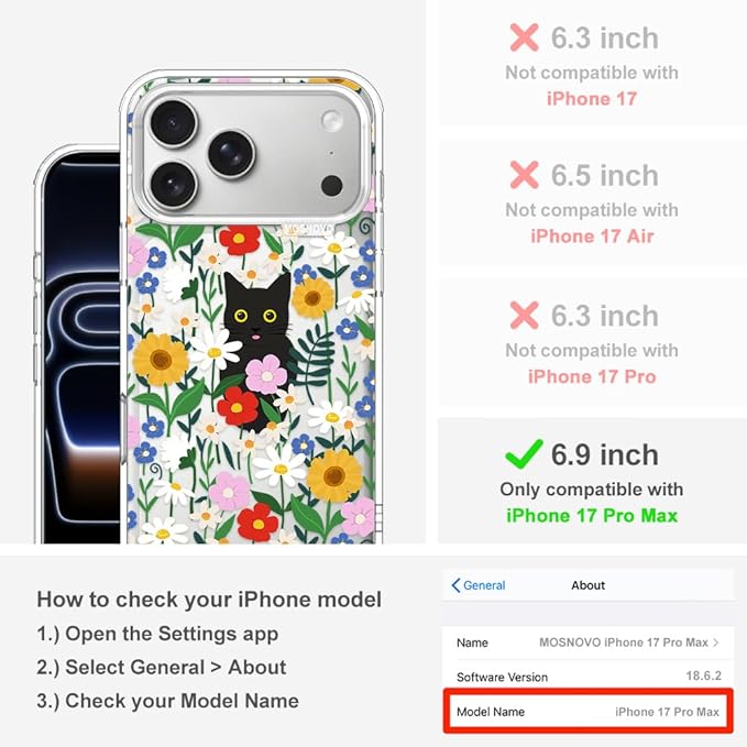 MOSNOVO for iPhone 17 Pro Max Case | Military Grade 6.6ft Drop Tested | Camera Control | Clear with Black Cat in Garden Design