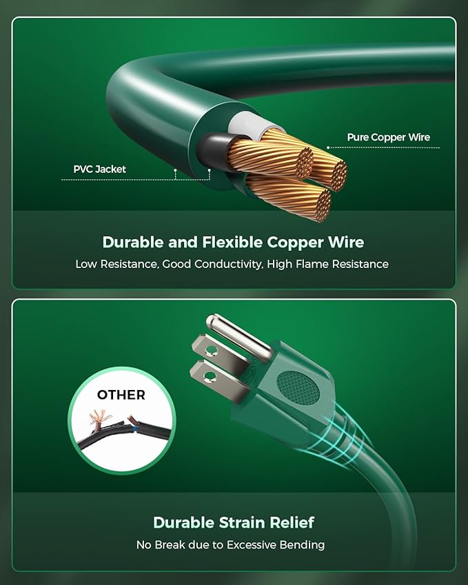 28 Ft Outdoor Power Cord, 1 to 3 Splitter Heavy Duty Weatherproof Extension Cord, 16/3 SJTW, 3 Grounded Outlets Flat Plug for Patio, Garden Displays, Lights, Green ﻿