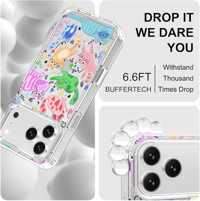 MOSNOVO for iPhone 17 Pro Max Case, Shockproof Military-Grade Protection 6.6ft Drop Tested, Camera Control, Clear Phone Case for iPhone 17 Pro Max, Doodle Cats Design