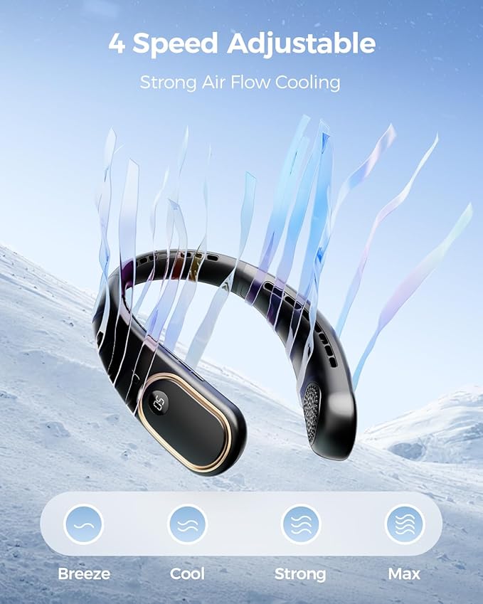 SHEWIND Portable Neck Fan - 5000mAh Rechargeable Hands-Free Wearable Fan | 4 Speeds, Bladeless & LED Display | Personal Cooling Fan for Travel, Outdoors, Camping - Black