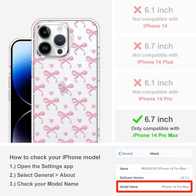 MOSNOVO Case for iPhone 14 Pro Max, [Buffertech 6.6ft Military-Grade Drop Protection] [Anti Peel Off Tech] Clear TPU Bumper Phone Case Cover Design - Bowtiful Love