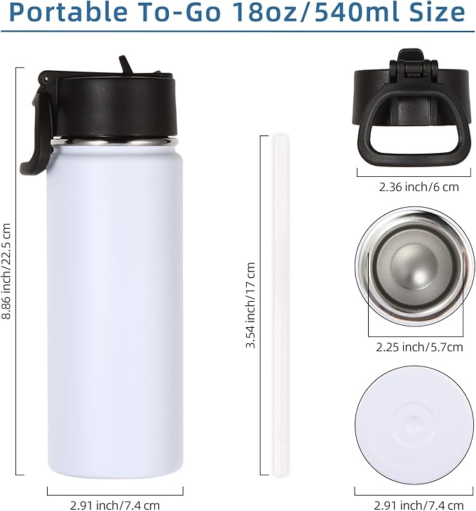 Volhoply 18oz Insulated Water Bottle Bulk 2 Pack,Kids Stainless Steel Water Bottles with Straw Lid,Double Wall Vacuum Metal Bottle,Wide Mouth Reusable Sports Flask for Cold Drink(White,2 Set)