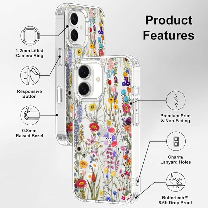MOSNOVO for iPhone 17 Case | Military Grade 6.6ft Drop Tested | Camera Control | Clear with Wildflower Meadow Design