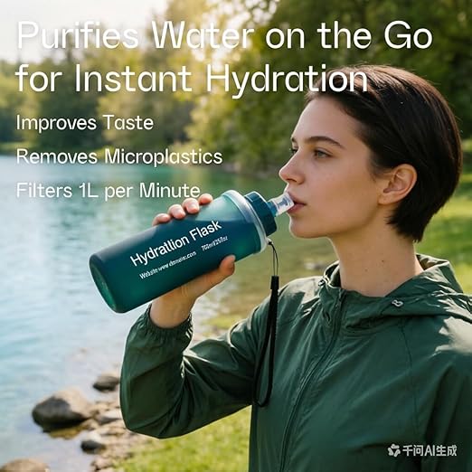 AXEN Collapsible Water Bottle with Filter System, Soft Hydration Flask for Trail Running, Camping, Hiking, Cycling, 1L Slate Green