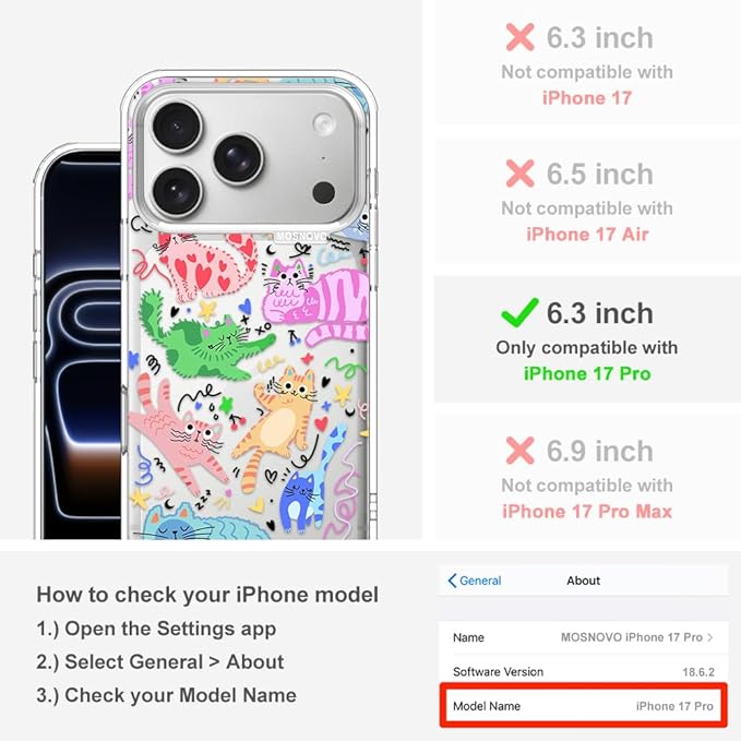 MOSNOVO for iPhone 17 Pro Case, Shockproof Military-Grade Protection 6.6ft Drop Tested, Camera Control, Clear Phone Case for iPhone 17 Pro, Doodle Cats Design