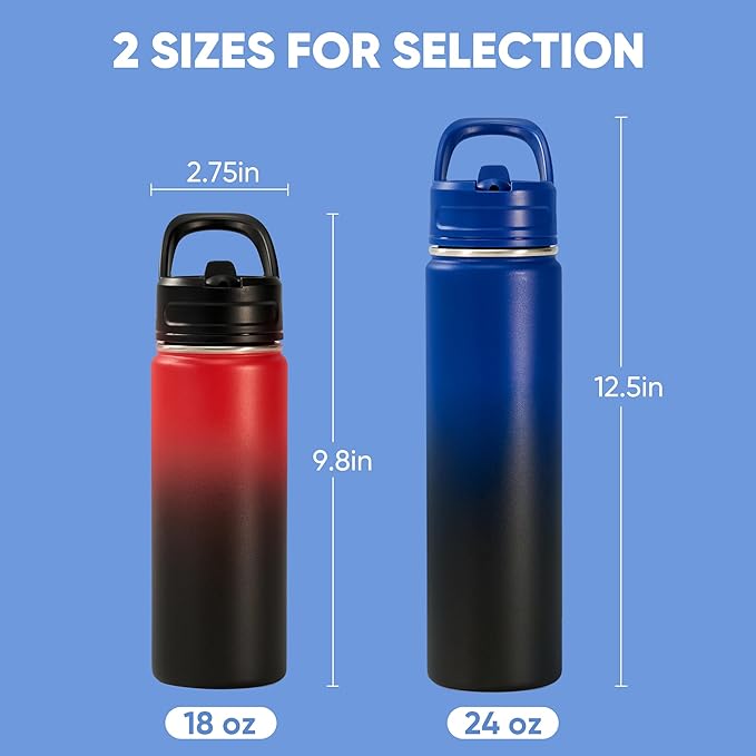 Fijinhom 2 Pack 18oz Insulated Stainless Steel Water Bottle with Straws, Double Wall Vacuum Insulated Bottles, Metal Thermo for Travel, Sports, Leak-Proof, BPA Free, Women & Men, Blue &Red Gradient