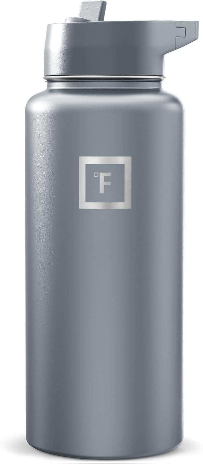 IRON °FLASK Camping & Hiking Hydration Flask with Straw, Wide Mouth Insulated Stainless Steel Sports Water Bottle - Graphite 32 oz - Straw (1 Lid)