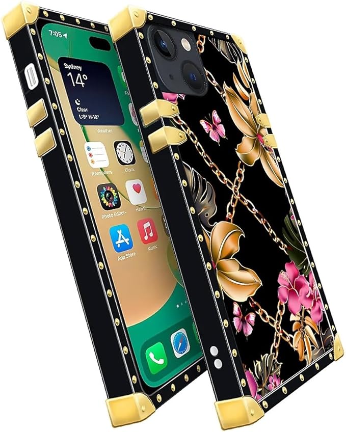Compatible with iPhone 14 Case, Pink Golden Chain Tropical Flower Luxury Golden Decoration for Girl Women Soft TPU Shockproof Protective Hard PC Back for iPhone 14