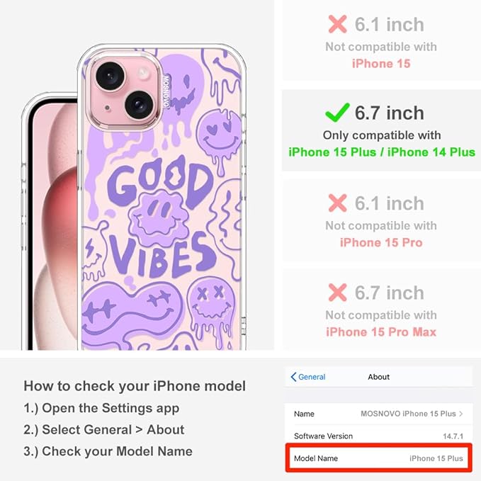 MOSNOVO Case for iPhone 15 Plus/iPhone 14 Plus, [Buffertech 6.6ft Military-Grade Drop Protection] [Anti Peel Off Tech] Clear TPU Bumper Phone Case Cover Design - Good Vibes