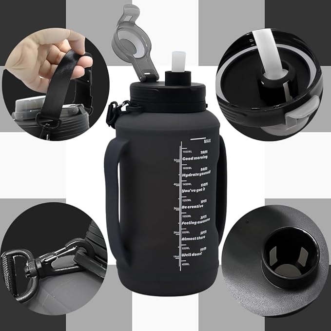64oz Foldable Silicone Water Bottle with Straw, BPA-Free Motivational Time Marker, Leakproof Collapsible Water Jug with Handle for Gym, Sports, Camping & Outdoor Activities (Black)