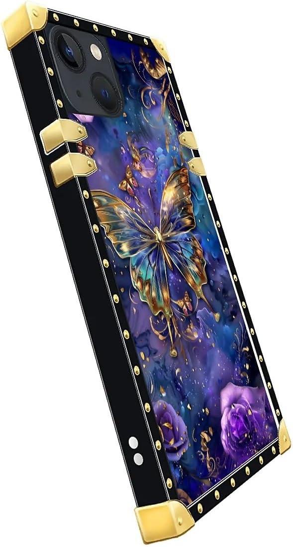 Compatible with iPhone 14 Case, Glistening Golden Butterfly Vibrant Purple Blue Luxury Golden Decoration for Girl Women Soft TPU Shockproof Protective Hard PC Back for iPhone 14