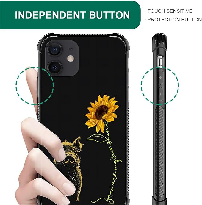 for iPhone 12/12 Pro Case, Pig Sunflower Yellow Sunshine Pattern Graphic Design Girl Boy Soft Silicone Hard Acrylic Shock Protection for iPhone 12/12 Pro