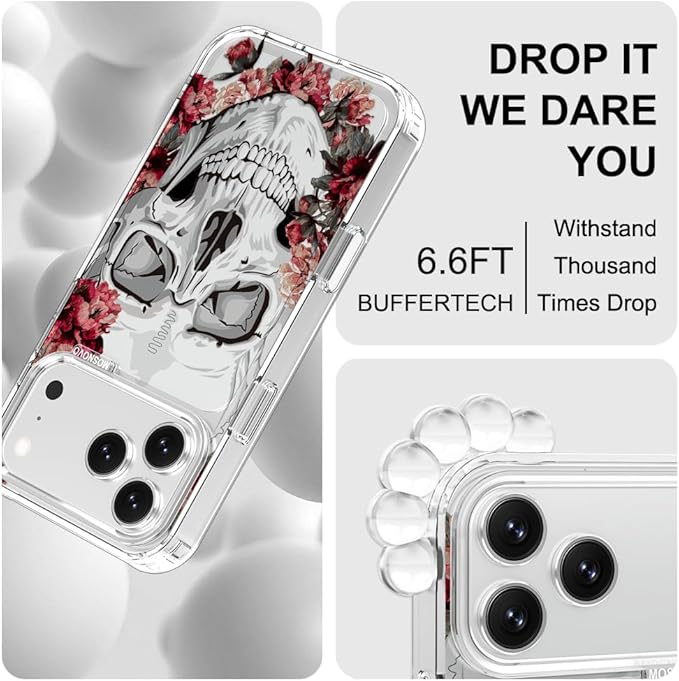 MOSNOVO for iPhone 17 Pro Max Case | Military Grade 6.6ft Drop Tested | Camera Control | Clear with Red Flower Skull Design