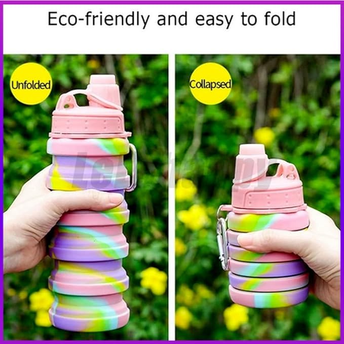 Silicone Collapsible Sports Water Bottles 500ml 16oz,Leak proof Twist Cap BPA Free Retractable for Home Outdoor,Biking,Hiking Portable Water Bottle Cups(1#Pink)