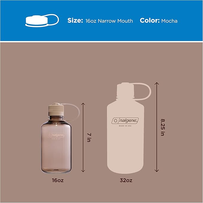 Nalgene 16 oz Narrow Mouth Water Bottle | BPA-Free, Durable & Leak Proof, Lightweight Travel Bottle, Fits in Cupholders, Mocha