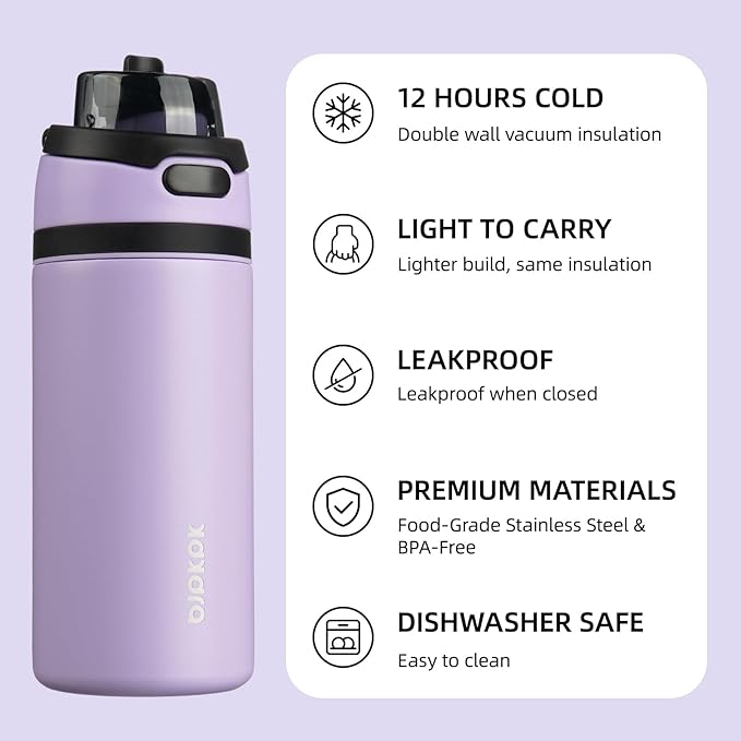 BJPKPK 17oz Insulated Water Bottle with 2-1 Straw Spout Lid, Stainless Steel Metal Water Bottles with Carry Handle, BPA Free, Leak-Proof, Fits in Car Cup Holder, Thermo for Sports,Lavender