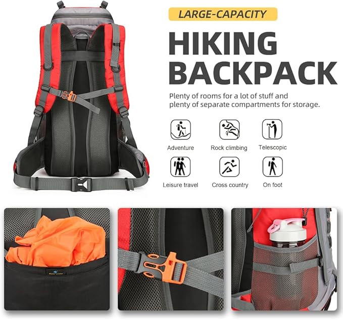 King'sGuard 60L Hiking Backpack for Men and Women Lightweight Camping Hiking Backpack with Rain Cover Large Waterproof Travel Backpack Backpacking Pack (Red)