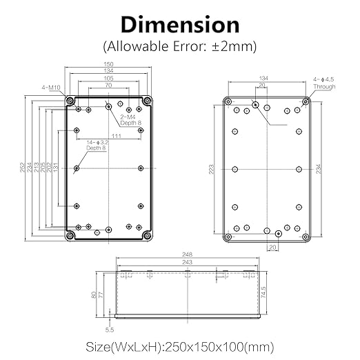 LeMotech Junction Box IP67 Waterproof Dustproof ABS Plastic Project Box for Electrical Outdoor Enclosure Gray 9.8 x 5.9 x 3.9 inch (250 x 150 x 100 mm)