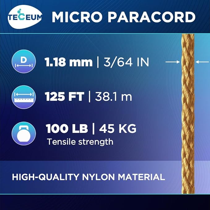 TECEUM Micro Paracord – 1.18 mm X 125 ft – Micro Utility Cord – Thin Braided Paracord Rope – Best for Crafting, DIY Projects, Fishing, Camping – Wind Chime Replacement – Survival Strong String